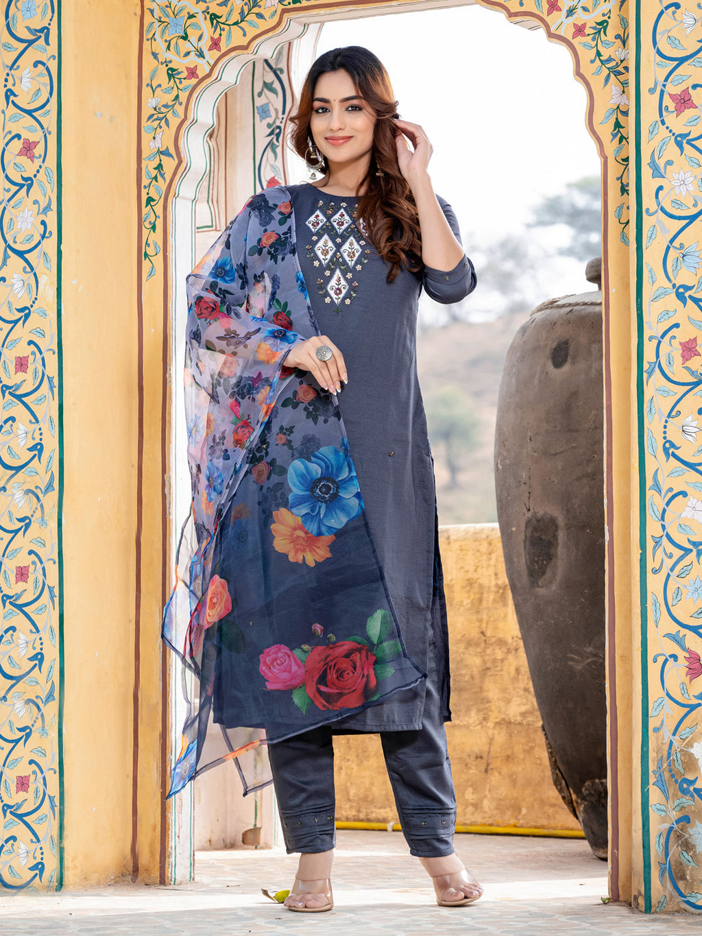 Jyoti Fashion Women's Gray Silk Handwork Designer Kurta Set with Dupatta | Grocsy