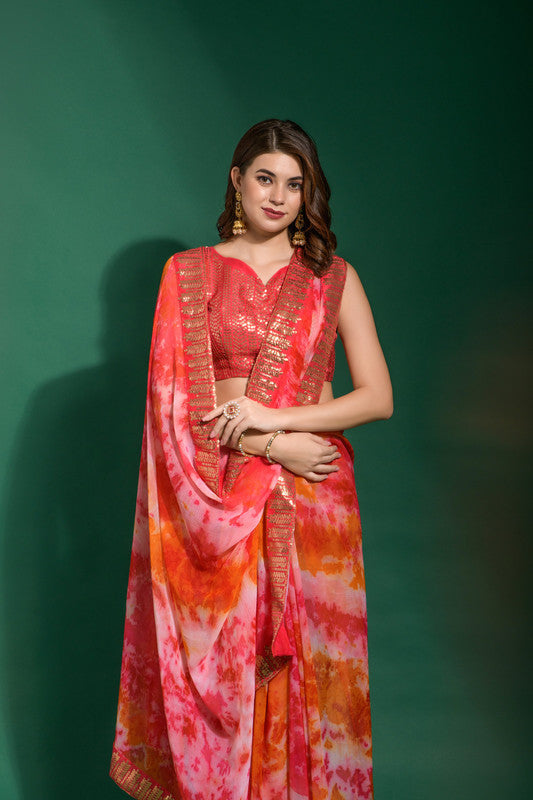 Jyoti Fashion Women's Gajri Sequence Embroidery Chiffon Saree with Blouse | Grocsy