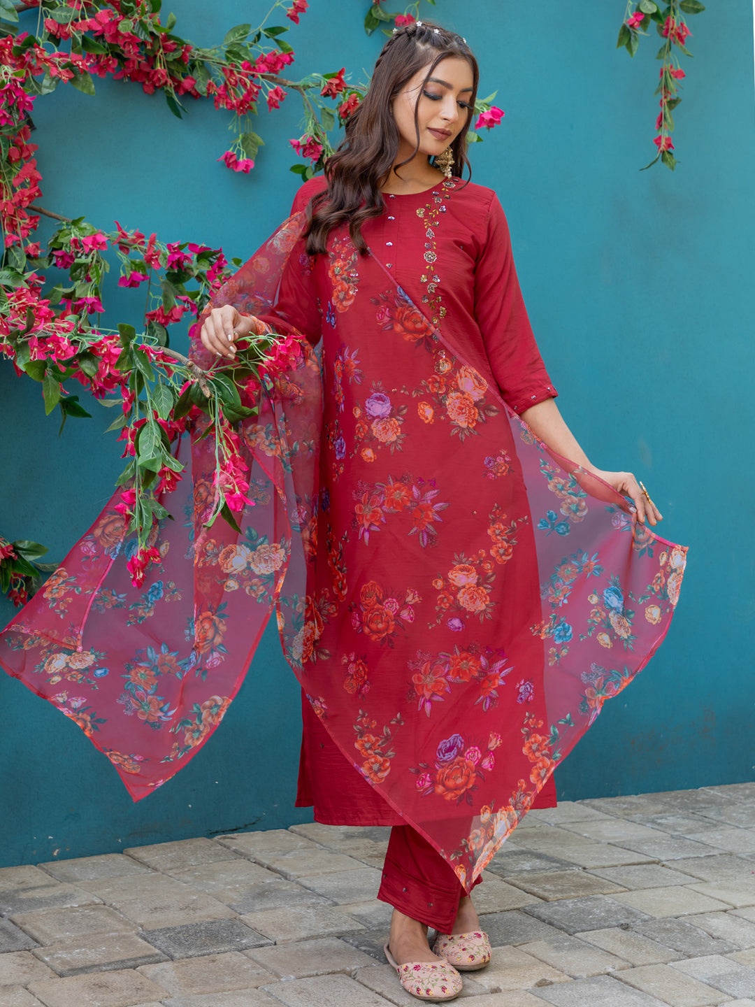 Jyoti Fashion Women's Maroon Silk Handwork Designer Kurta Set with Dupatta | Grocsy