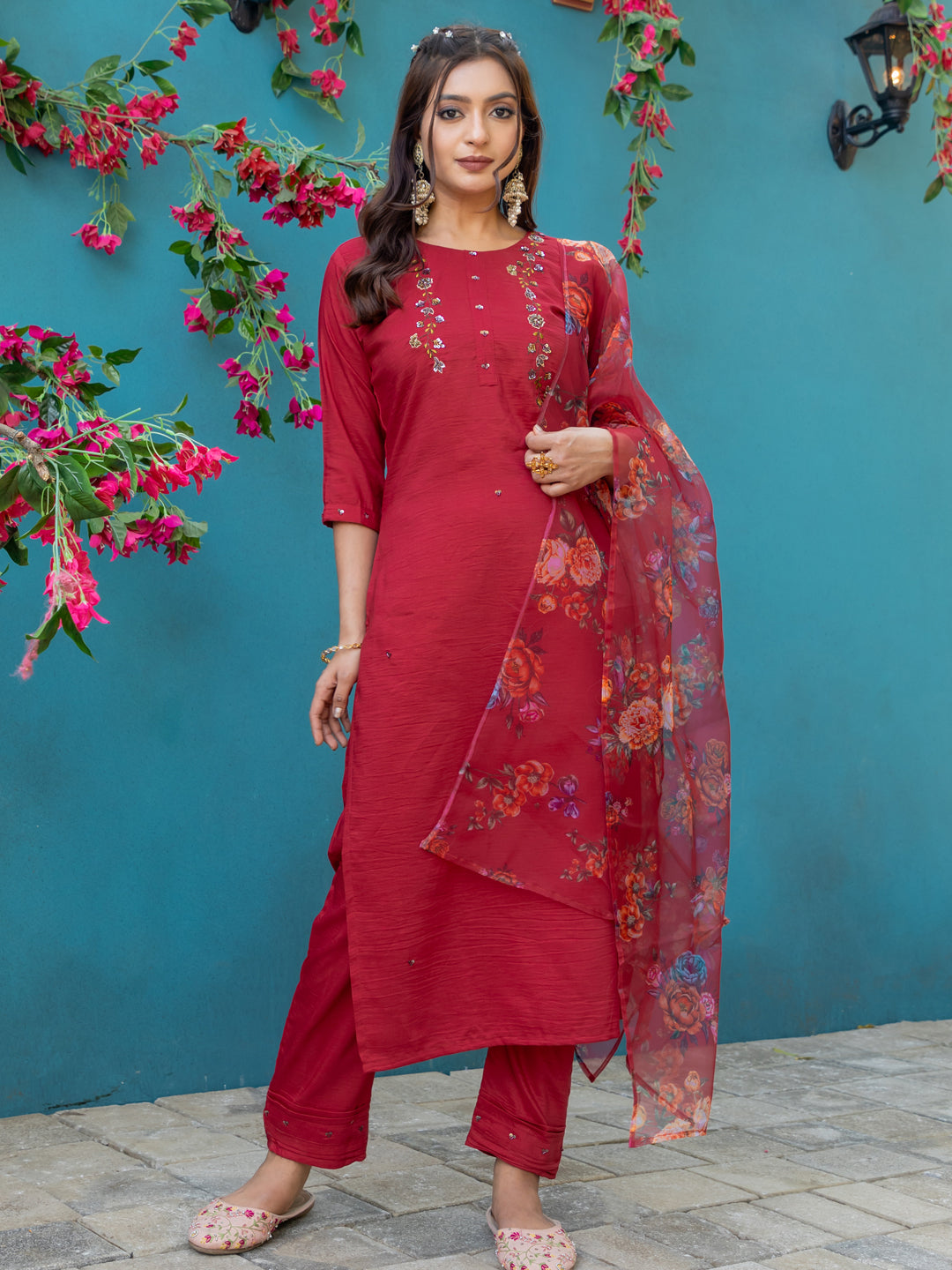 Jyoti Fashion Women's Maroon Silk Handwork Designer Kurta Set with Dupatta | Grocsy