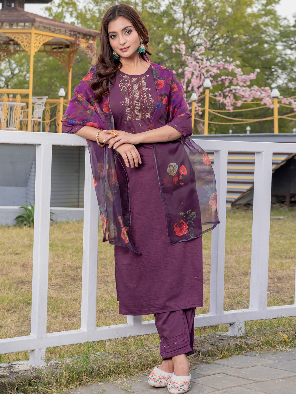 Jyoti Fashion Women's Purple Silk Handwork Designer Kurta Set with Dupatta | Grocsy