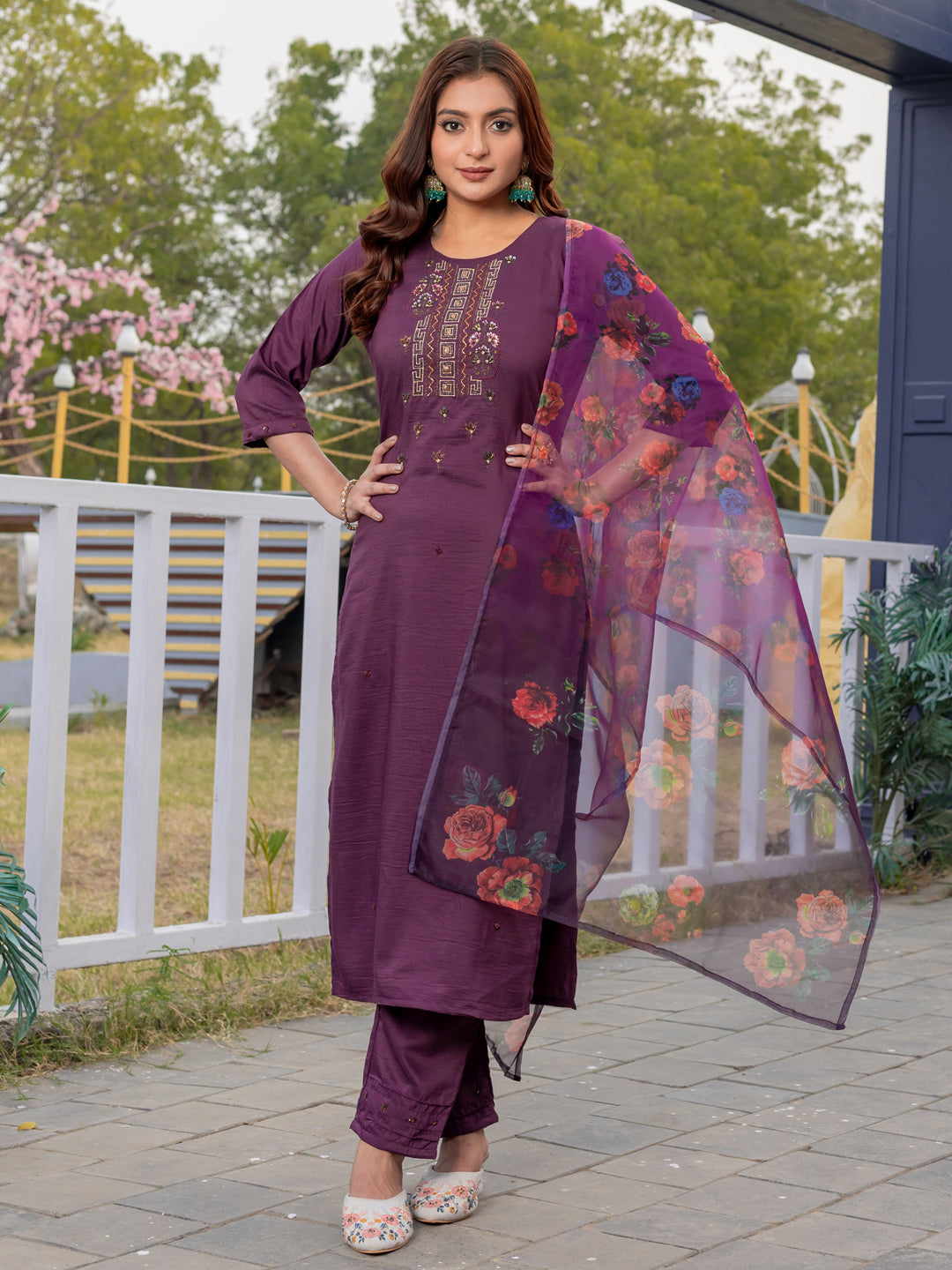 Jyoti Fashion Women's Purple Silk Handwork Designer Kurta Set with Dupatta | Grocsy
