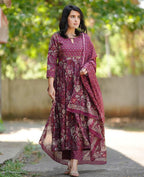 Jyoti Fashion Women's Maroon Rayon Printed Designer Kurta Set with Dupatta | Grocsy