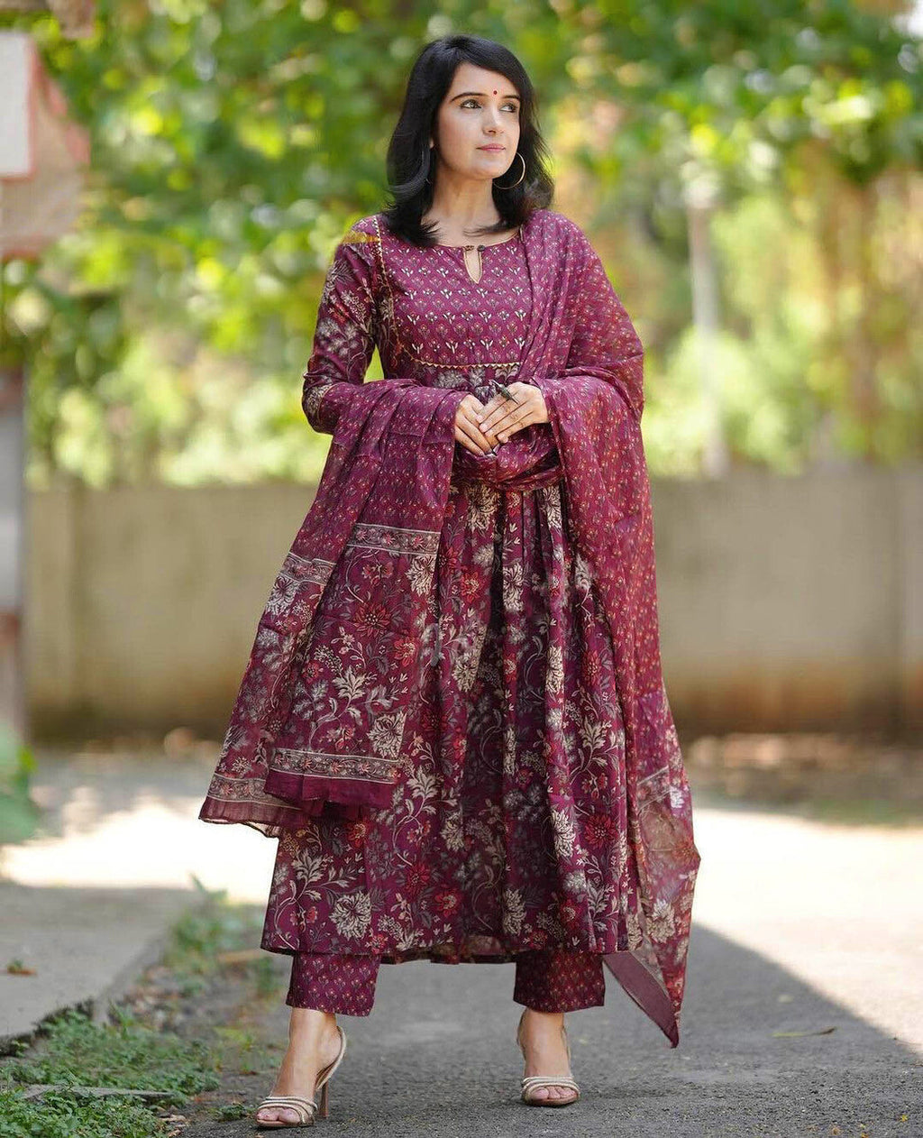 Jyoti Fashion Women's Maroon Rayon Printed Designer Kurta Set with Dupatta | Grocsy