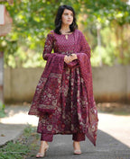 Jyoti Fashion Women's Maroon Rayon Printed Designer Kurta Set with Dupatta | Grocsy