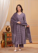 Jyoti Fashion Women's Wine Rayon Printed Designer Kurta Set with Dupatta | Grocsy