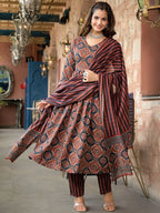 Jyoti Fashion Women's Maroon Rayon Printed Designer Kurta Set with Dupatta | Grocsy