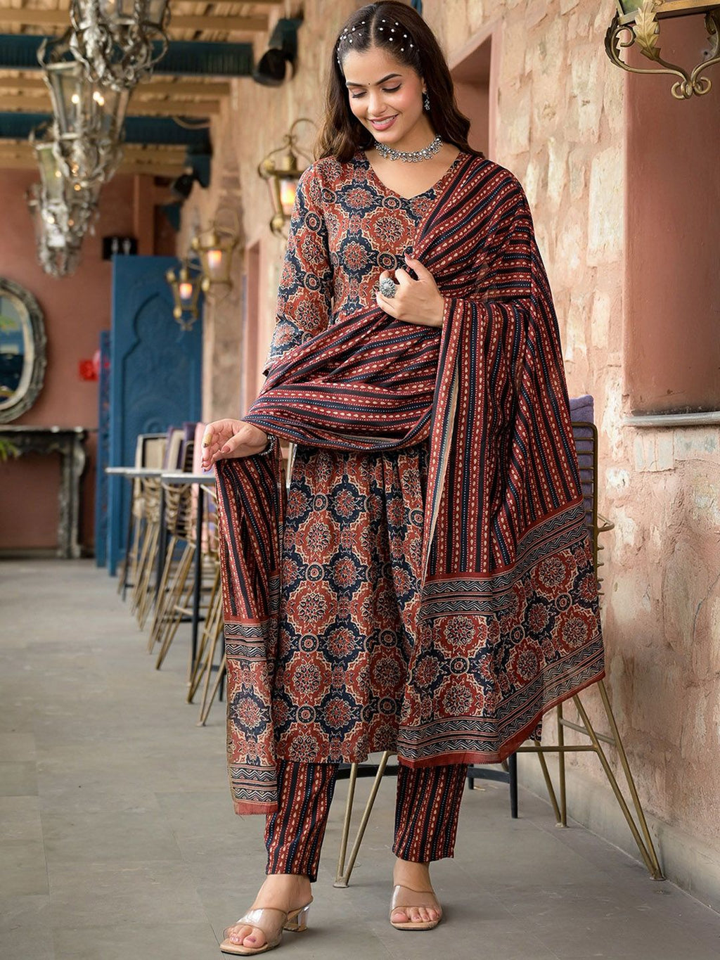 Jyoti Fashion Women's Maroon Rayon Printed Designer Kurta Set with Dupatta | Grocsy