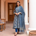 Jyoti Fashion Women's Navy Blue Rayon Printed Designer Kurta Set with Dupatta | Grocsy