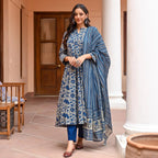 Jyoti Fashion Women's Navy Blue Rayon Printed Designer Kurta Set with Dupatta | Grocsy