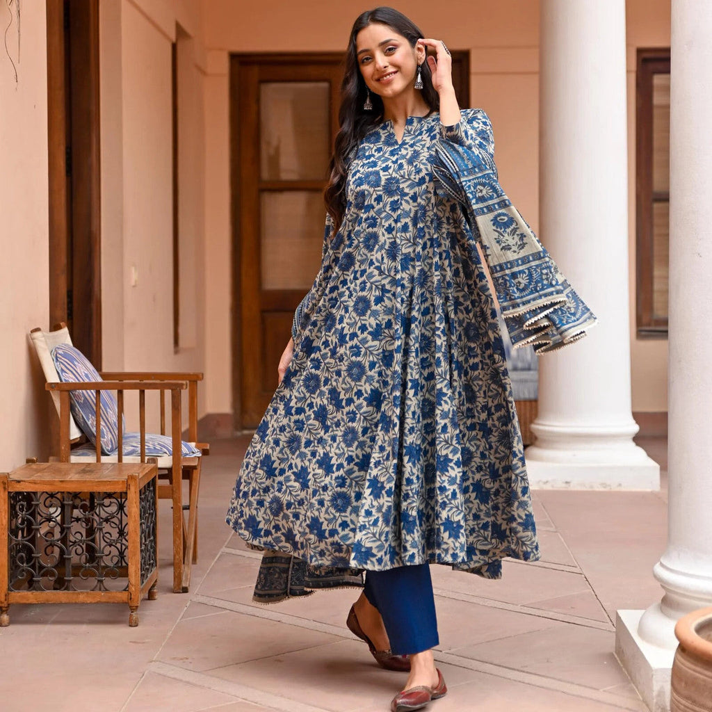 Jyoti Fashion Women's Navy Blue Rayon Printed Designer Kurta Set with Dupatta | Grocsy