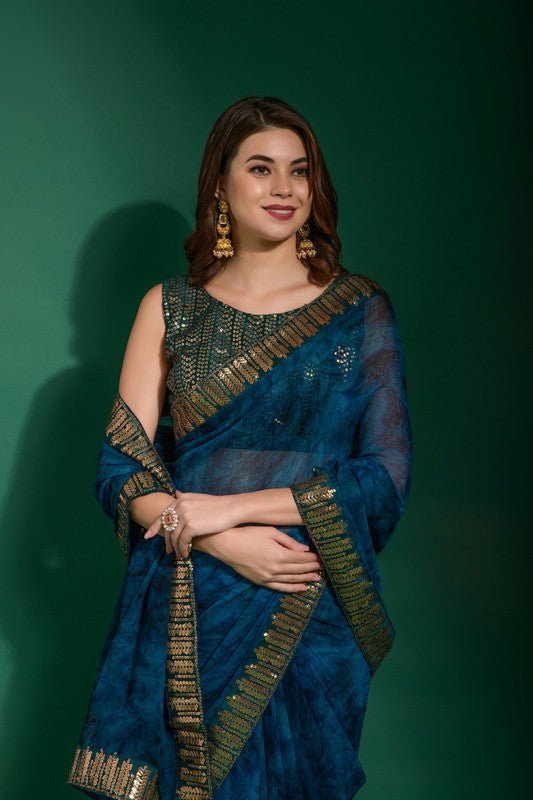 Jyoti Fashion Women's Morpich Sequence Embroidery Chiffon Saree with Blouse | Grocsy