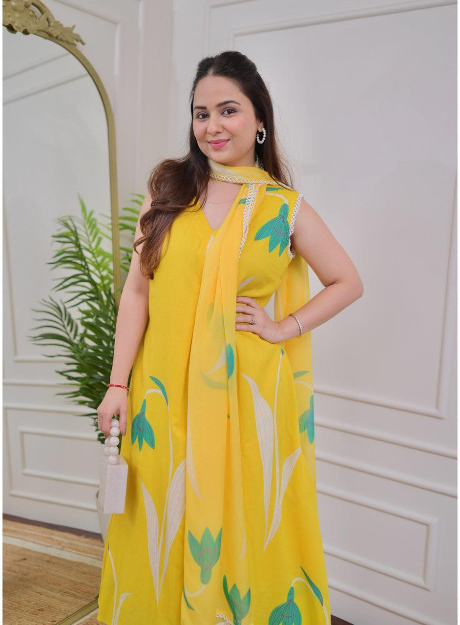 Jyoti Fashion Women's Yellow Rayon Printed Designer Kurta Set with Dupatta | Grocsy