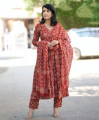 Jyoti Fashion Women's Maroon Rayon Printed Designer Kurta Set with Dupatta | Grocsy