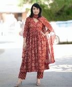 Jyoti Fashion Women's Maroon Rayon Printed Designer Kurta Set with Dupatta | Grocsy