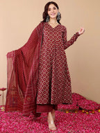 Jyoti Fashion Women's Maroon Rayon Printed Designer Kurta Set with Dupatta | Grocsy
