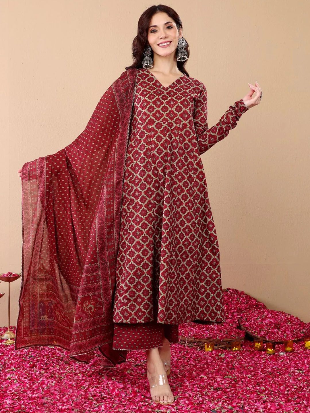 Jyoti Fashion Women's Maroon Rayon Printed Designer Kurta Set with Dupatta | Grocsy