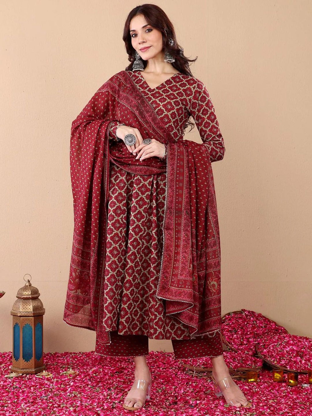 Jyoti Fashion Women's Maroon Rayon Printed Designer Kurta Set with Dupatta | Grocsy