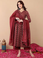 Jyoti Fashion Women's Maroon Rayon Printed Designer Kurta Set with Dupatta | Grocsy