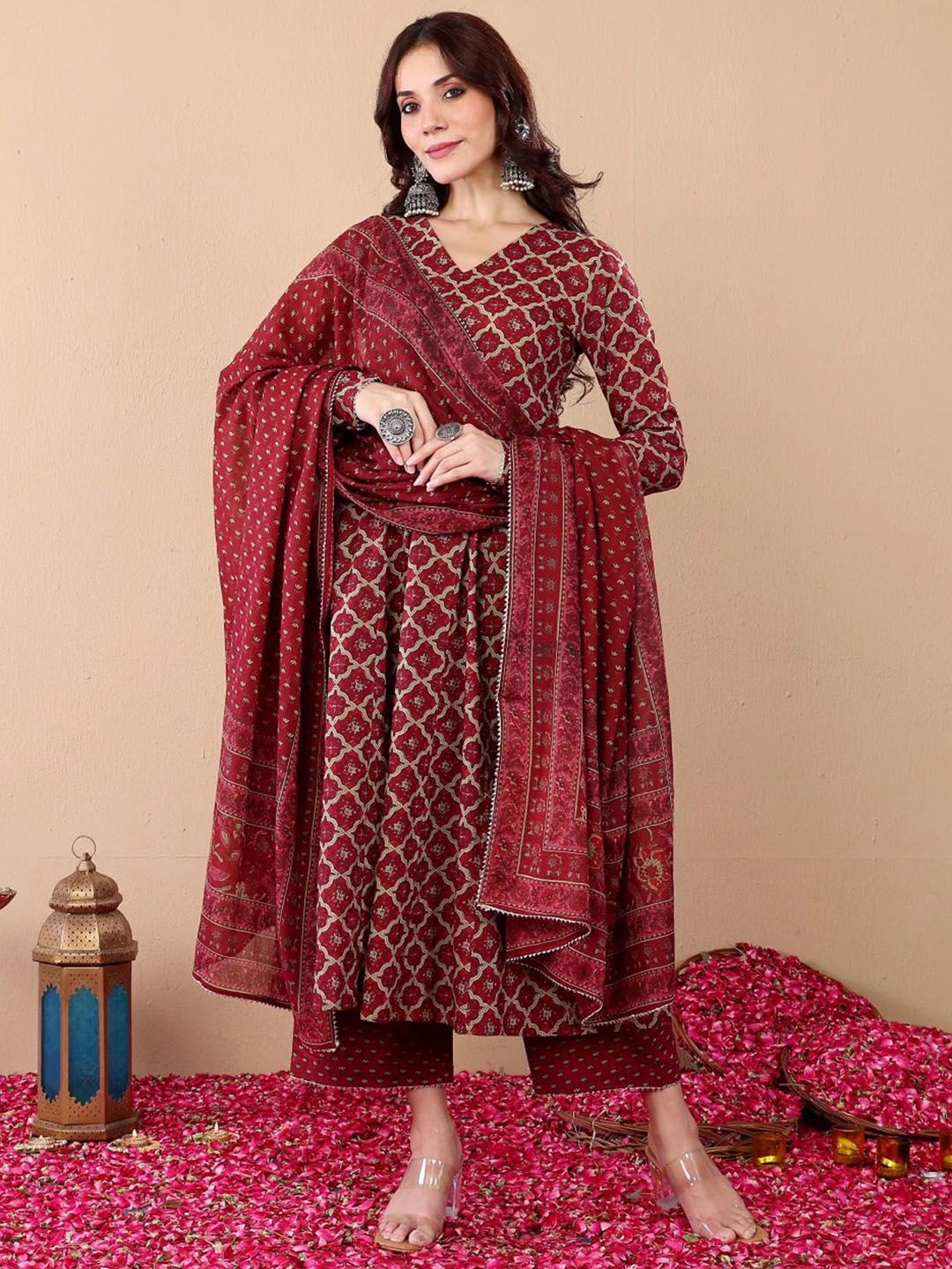Jyoti Fashion Women's Maroon Rayon Printed Designer Kurta Set with Dupatta | Grocsy