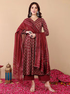 Jyoti Fashion Women's Maroon Rayon Printed Designer Kurta Set with Dupatta | Grocsy