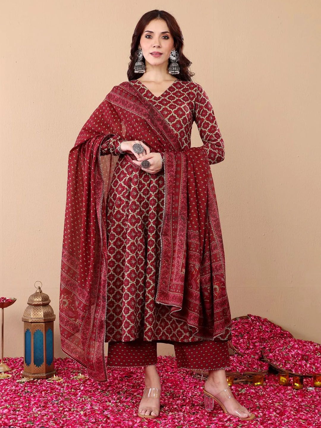 Jyoti Fashion Women's Maroon Rayon Printed Designer Kurta Set with Dupatta | Grocsy