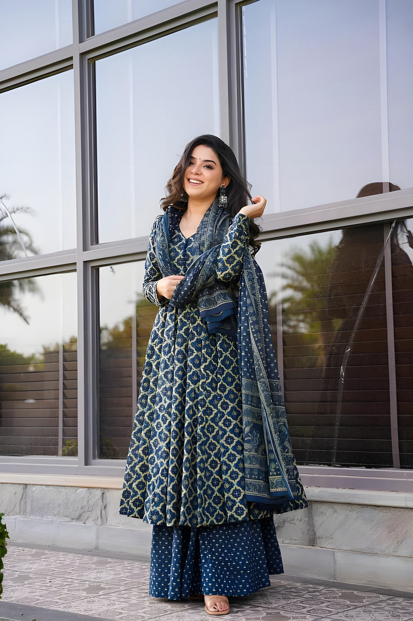 Jyoti Fashion Women's Navy Blue Rayon Printed Designer Kurta Set with Dupatta | Grocsy
