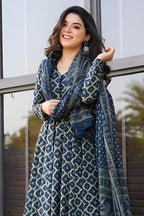 Jyoti Fashion Women's Navy Blue Rayon Printed Designer Kurta Set with Dupatta | Grocsy