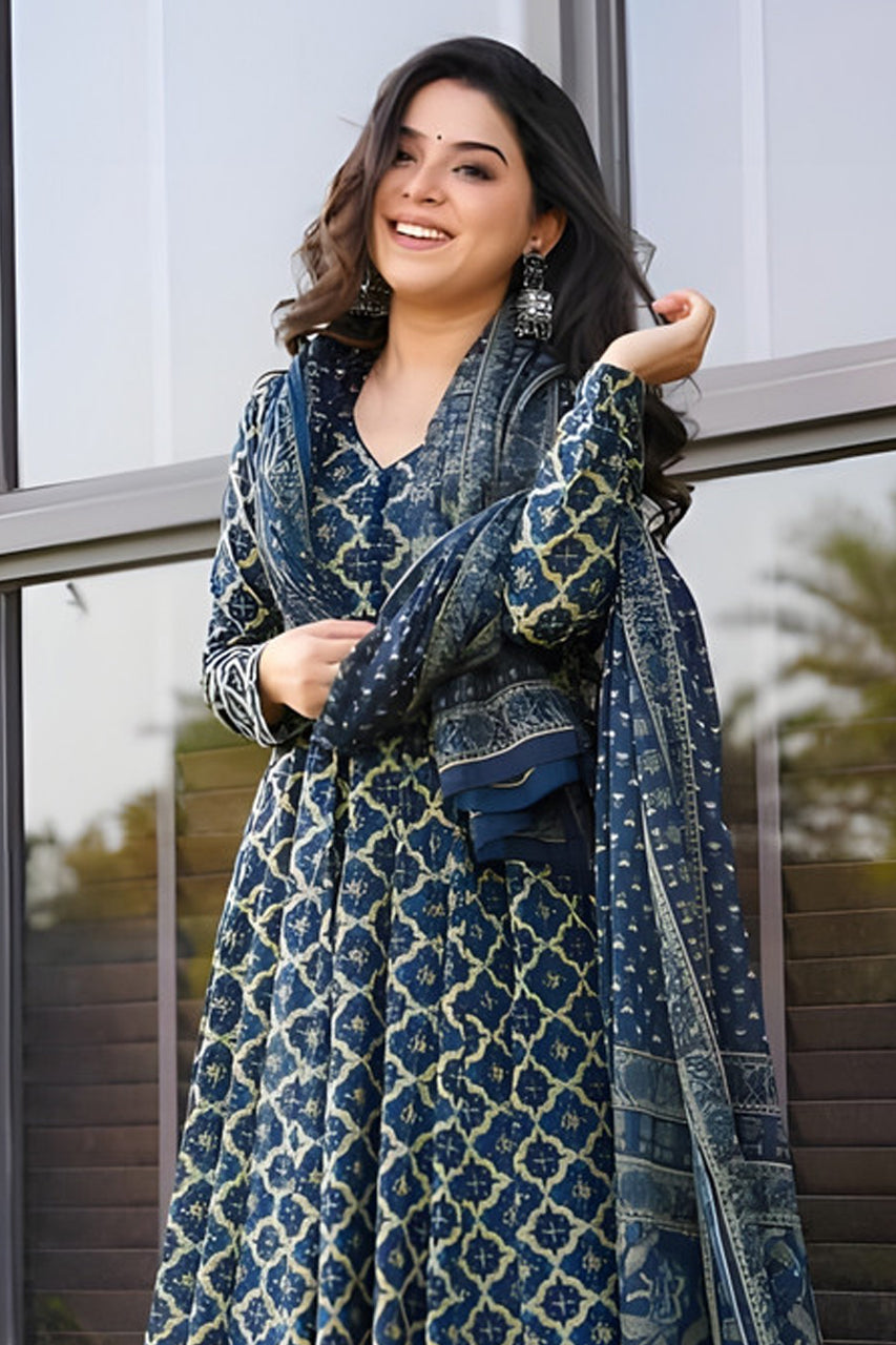 Jyoti Fashion Women's Navy Blue Rayon Printed Designer Kurta Set with Dupatta | Grocsy