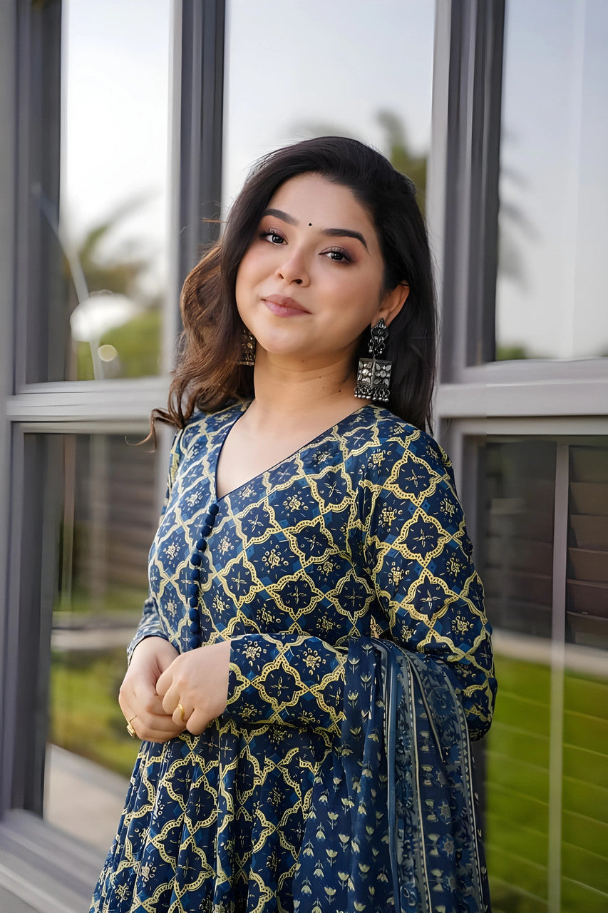 Jyoti Fashion Women's Navy Blue Rayon Printed Designer Kurta Set with Dupatta | Grocsy
