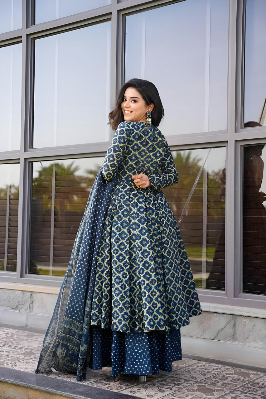 Jyoti Fashion Women's Navy Blue Rayon Printed Designer Kurta Set with Dupatta | Grocsy
