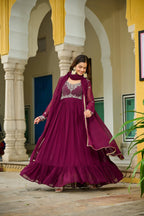 Jyoti Fashion Women's Wine Faux Blooming Beads Embroidered Anarkali Set With Dupatta | Grocsy