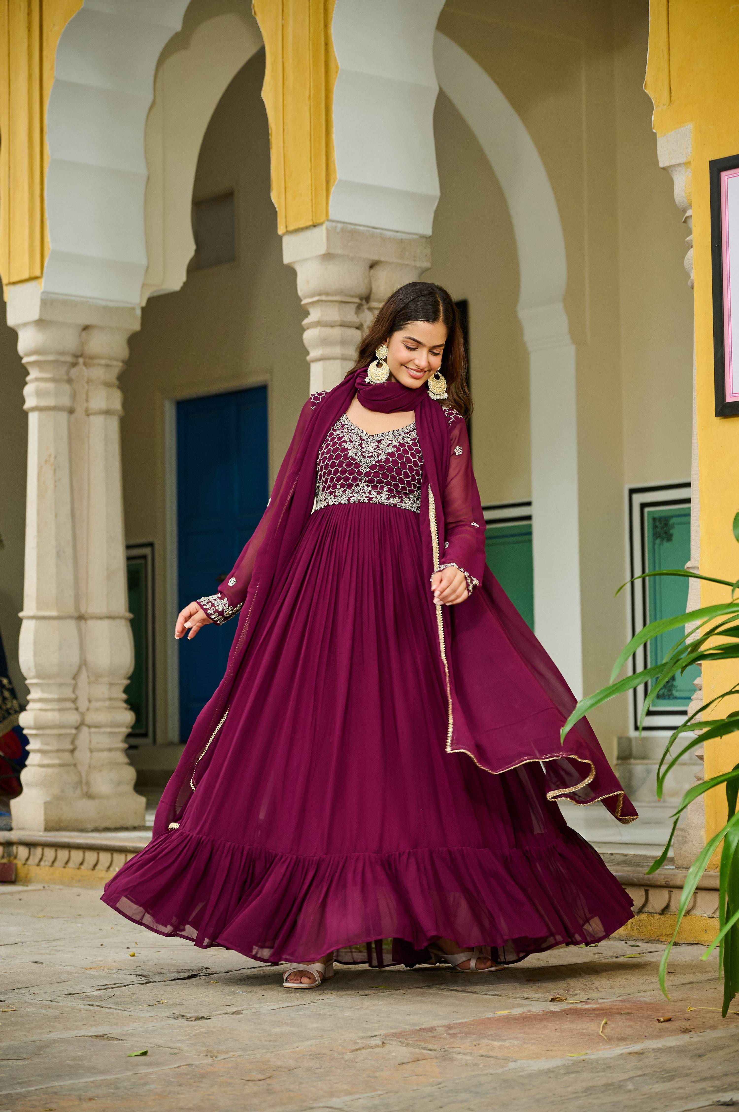Jyoti Fashion Women's Wine Faux Blooming Beads Embroidered Anarkali Set With Dupatta | Grocsy
