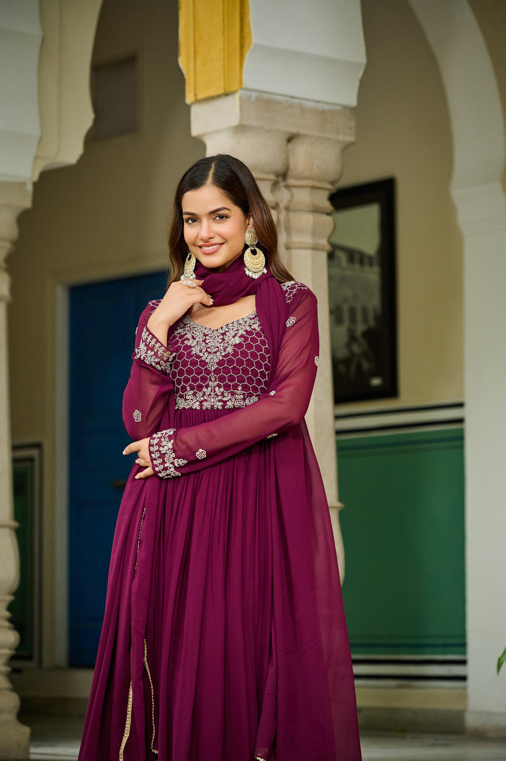 Jyoti Fashion Women's Wine Faux Blooming Beads Embroidered Anarkali Set With Dupatta | Grocsy