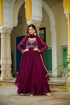 Jyoti Fashion Women's Wine Faux Blooming Beads Embroidered Anarkali Set With Dupatta | Grocsy
