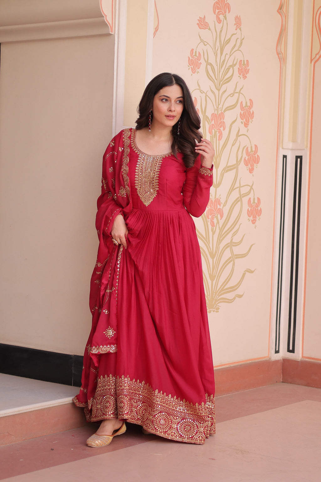 Jyoti Fashion Women's Pink Star Georgette Sequins Zari Embroidered Anarkali Set With Dupatta | Grocsy