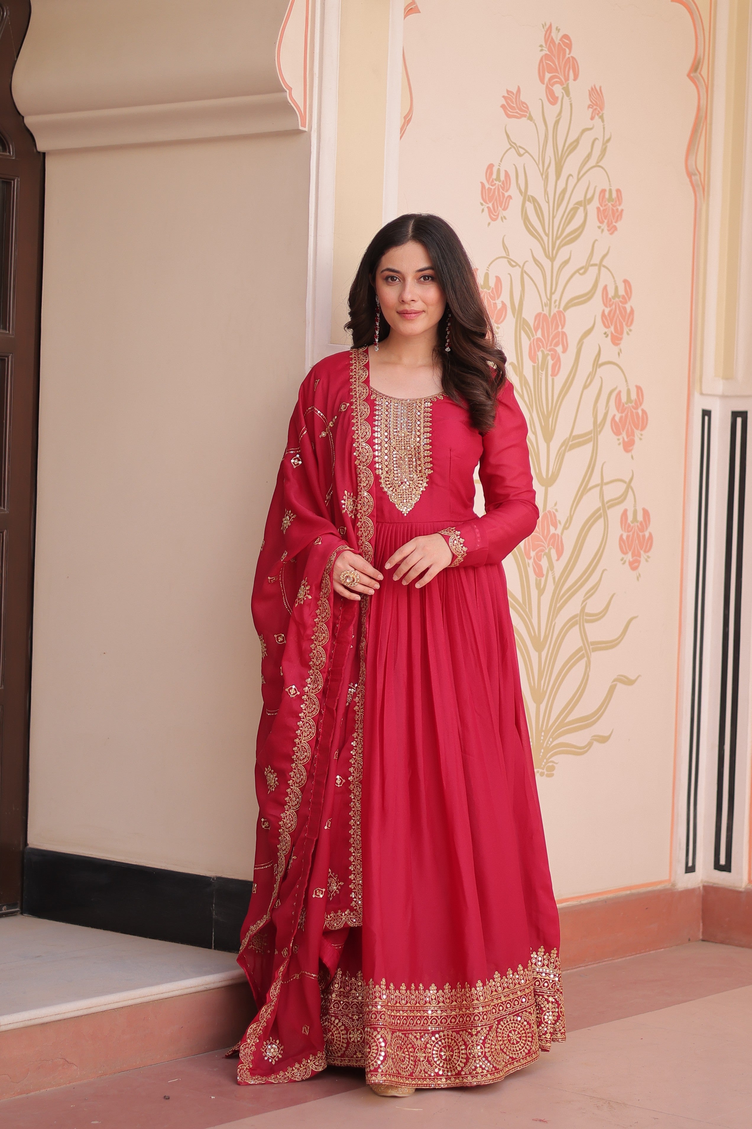 Jyoti Fashion Women's Pink Star Georgette Sequins Zari Embroidered Anarkali Set With Dupatta | Grocsy