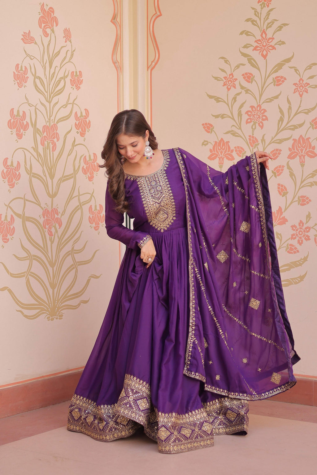Jyoti Fashion Women's Purple Star Georgette Sequins Zari Embroidered Anarkali Set With Dupatta | Grocsy
