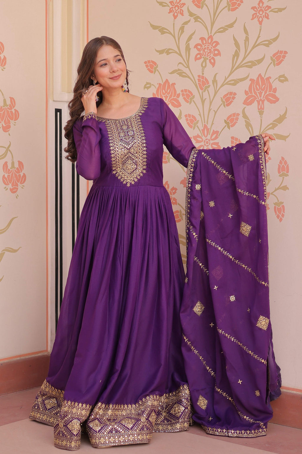 Jyoti Fashion Women's Purple Star Georgette Sequins Zari Embroidered Anarkali Set With Dupatta | Grocsy