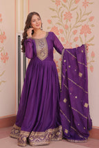 Jyoti Fashion Women's Purple Star Georgette Sequins Zari Embroidered Anarkali Set With Dupatta | Grocsy