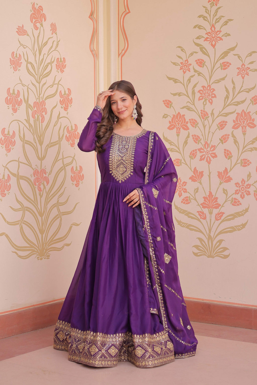 Jyoti Fashion Women's Purple Star Georgette Sequins Zari Embroidered Anarkali Set With Dupatta | Grocsy