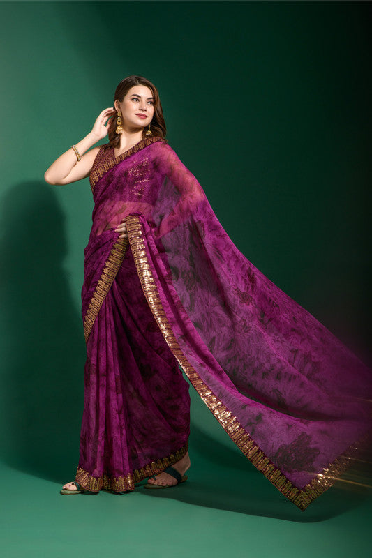 Jyoti Fashion Women's Wine Sequence Embroidery Chiffon Saree with Blouse | Grocsy