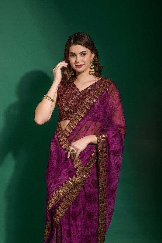 Jyoti Fashion Women's Wine Sequence Embroidery Chiffon Saree with Blouse | Grocsy