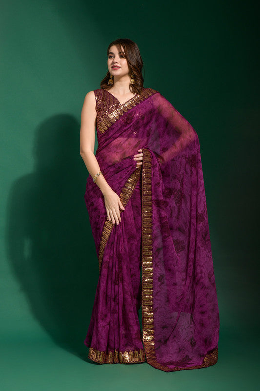 Jyoti Fashion Women's Wine Sequence Embroidery Chiffon Saree with Blouse | Grocsy