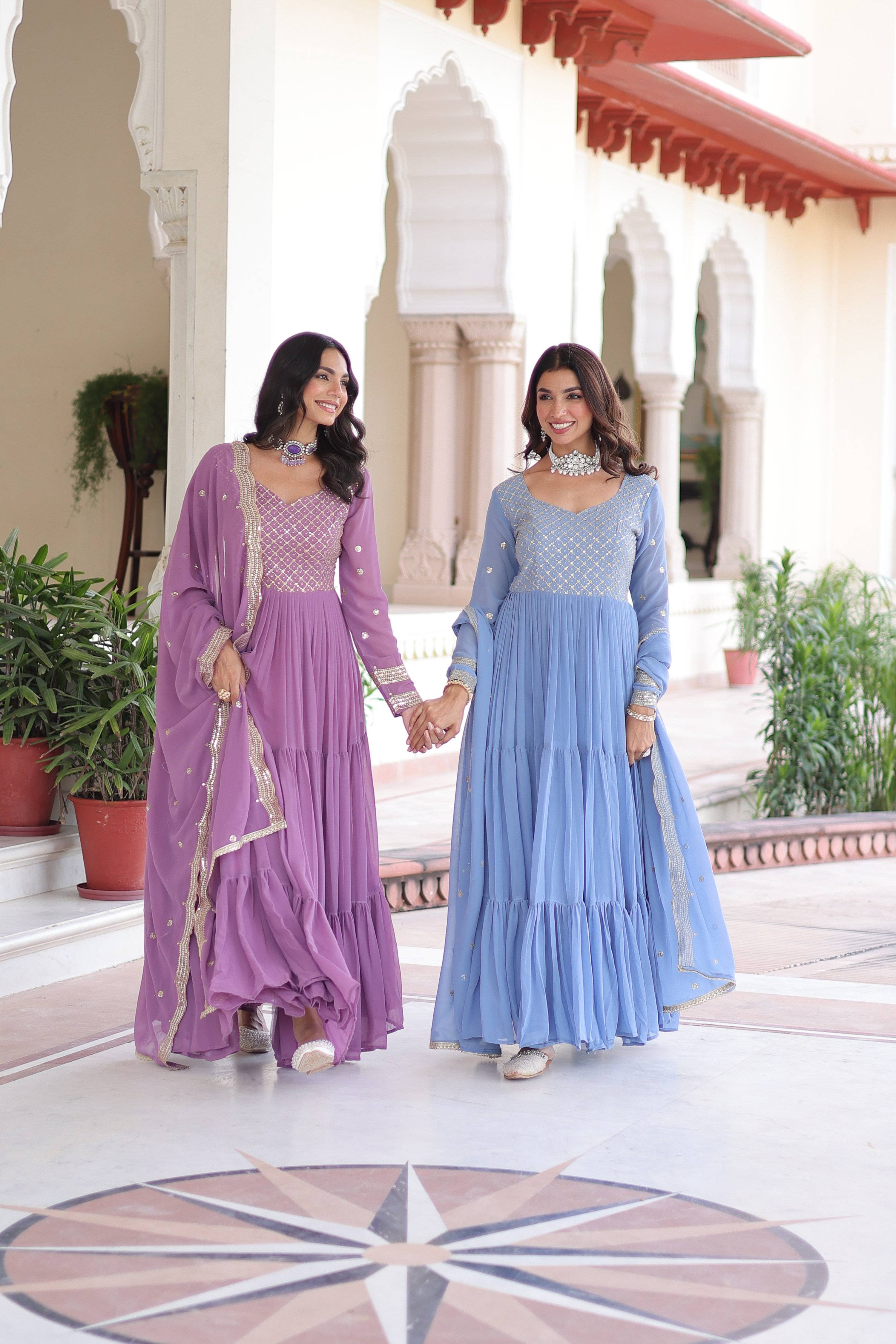 Jyoti Fashion Women's Purple & Sky Blue Faux Georgette Embroidered Combo Anarkali Set With Dupatta | Grocsy