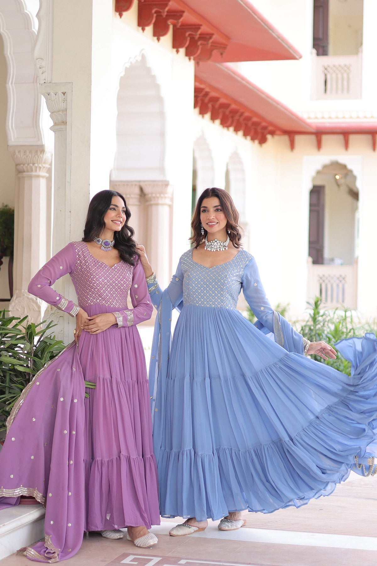 Jyoti Fashion Women's Purple & Sky Blue Faux Georgette Embroidered Combo Anarkali Set With Dupatta | Grocsy