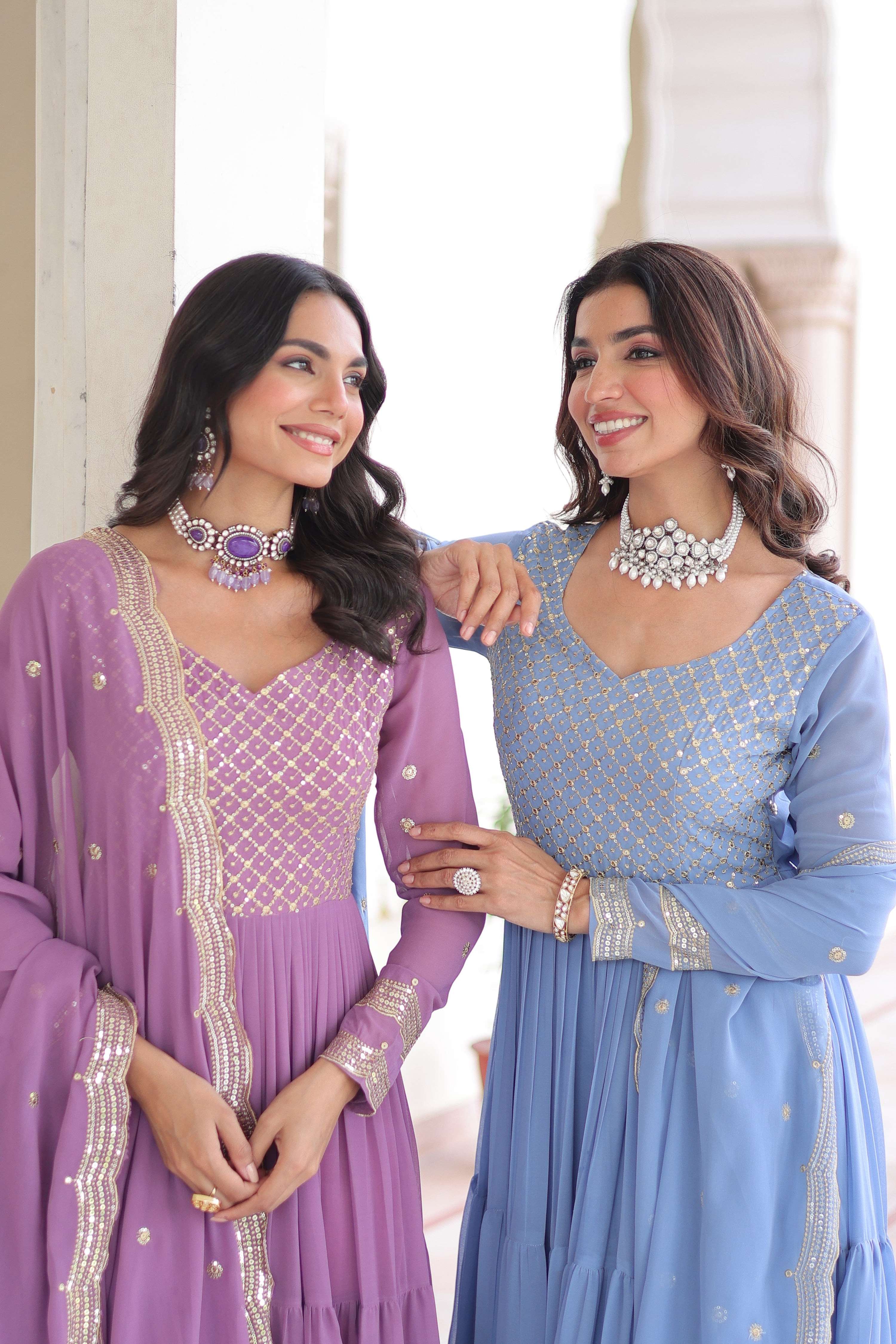 Jyoti Fashion Women's Purple & Sky Blue Faux Georgette Embroidered Combo Anarkali Set With Dupatta | Grocsy