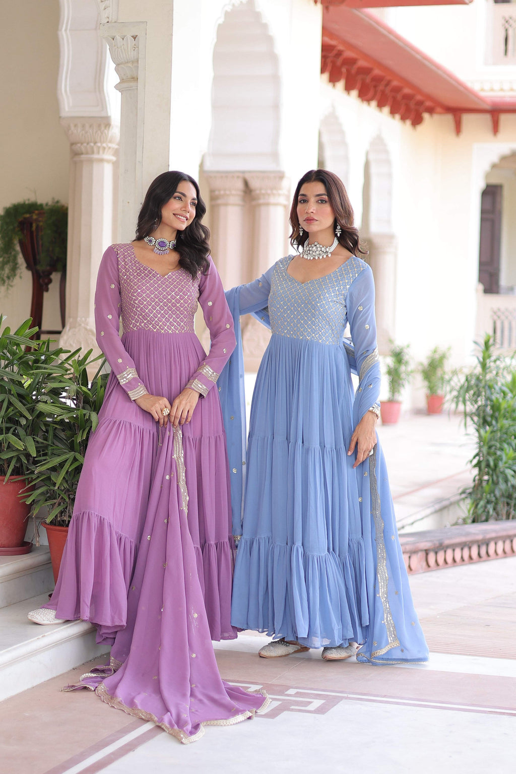 Jyoti Fashion Women's Purple & Sky Blue Faux Georgette Embroidered Combo Anarkali Set With Dupatta | Grocsy