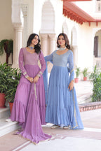 Jyoti Fashion Women's Purple & Sky Blue Faux Georgette Embroidered Combo Anarkali Set With Dupatta | Grocsy