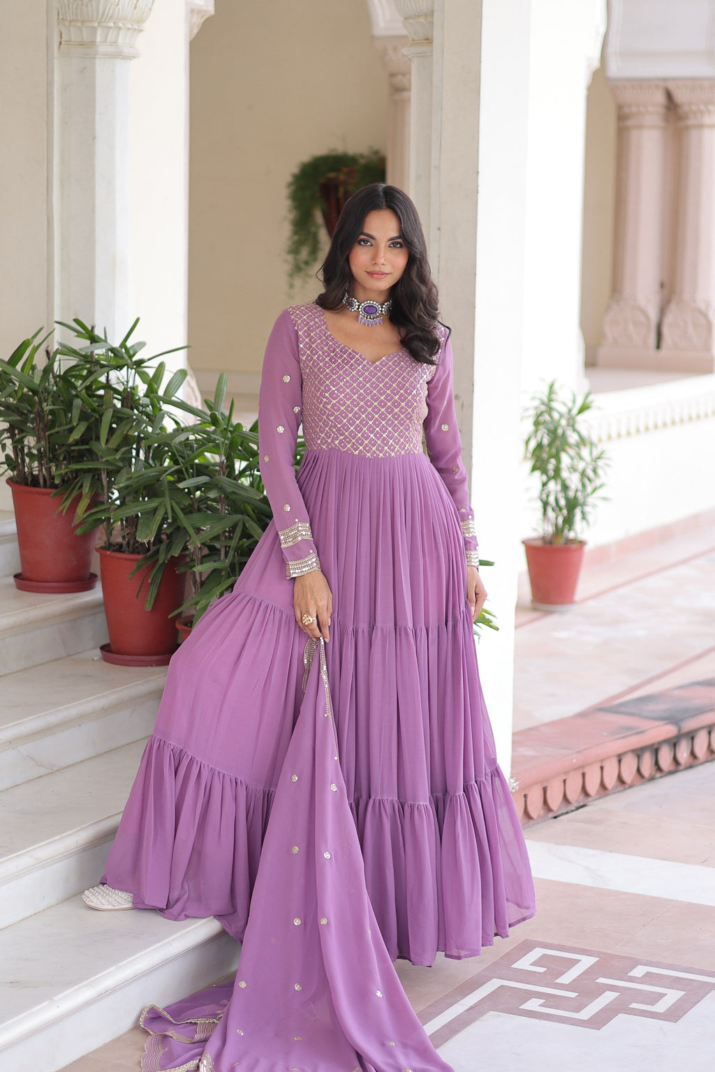Jyoti Fashion Women's Purple Faux Georgette Sequins Zari Embroidered Anarkali Set With Dupatta | Grocsy